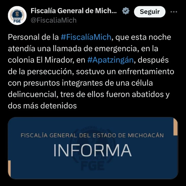 Tras enfrentamiento en Apatzingán, Fiscalía de Michoacán detiene a dos presuntos integrantes de célula ; tres más fueron abatidos